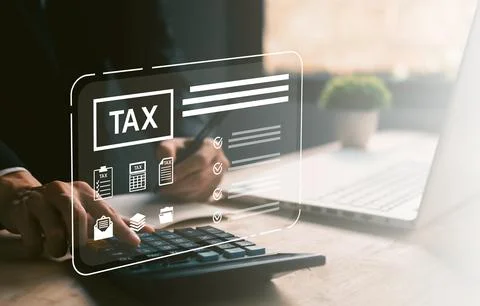 Close-up of hand using calculator with digital tax checklist interface, sui.. Stock Photos