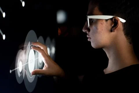Close up of hand using creative business chart hologram settings on tech Foto stock