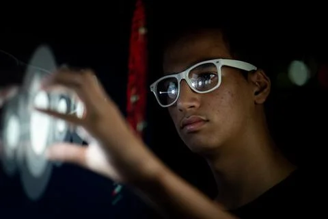 Close up of hand using creative business chart hologram settings on tech Foto stock