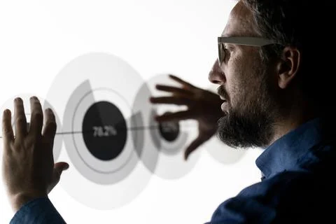 Close up of hand using creative business chart hologram settings on tech Foto stock