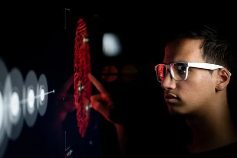 Close up of hand using creative business chart hologram settings on tech Foto stock