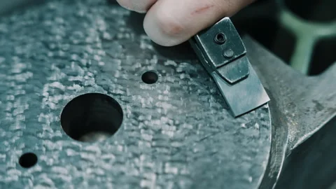 Close-up of a hand using a deburring tool to chamfer and smooth circular hole Vídeos de archivo 335861096