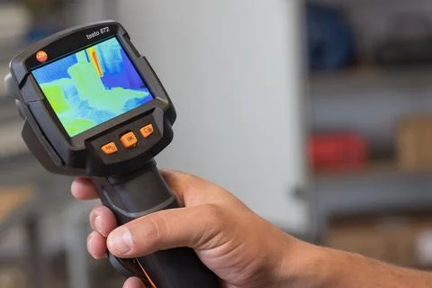 Close-Up of a Hand Using an Infrared Thermal Imaging Camera Stock Photos