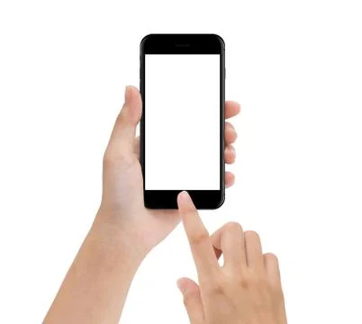 Close-up hand using phone mobile isolated on white, mock up smartphone blan.. Stock Photos