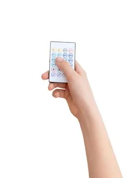 Close up of hand using remote control with multiple buttons isolated on whi.. Stock Photos