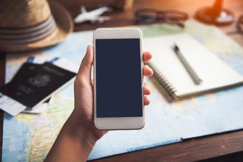 Close-up hand using smartphone for data connection and search to data .concep Stock Photos