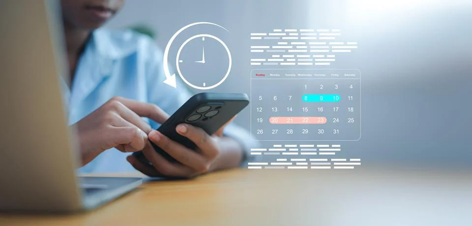 Close up hand using smartphone with virtual calendar and clock icons. Conce.. 写真素材