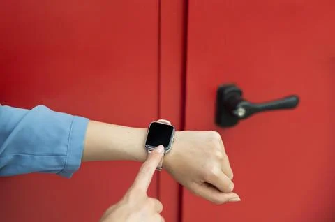 Close up hand using smartwatch close up Stock Photos