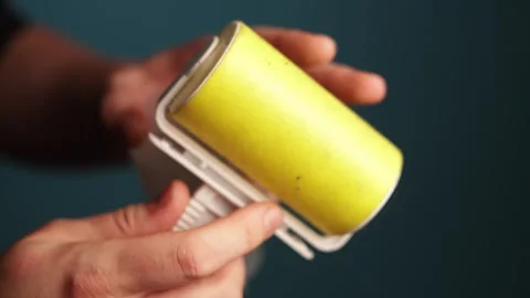 Close-up of hand using a sticky lint roller to pick up pet hair from clothing Stock Footage 340265749