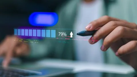 Close up of hand using stylus with digital loading progress bar and 79 perc.. Stock Photos