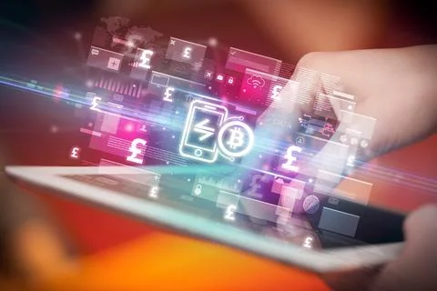Close-up of a hand using tablet, currency concept Stock Photos