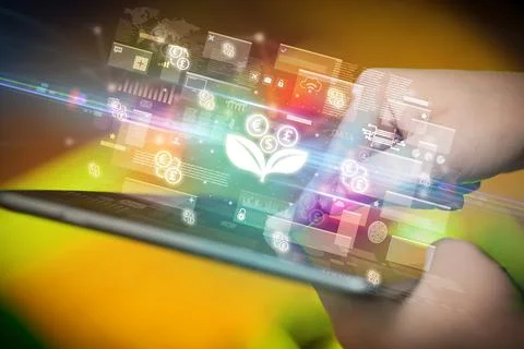 Close-up of a hand using tablet, currency concept Stock-Fotos