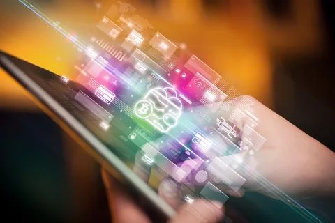 Close-up of a hand using tablet, currency concept Stock Photos