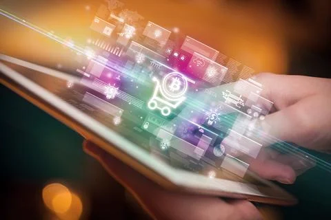 Close-up of a hand using tablet, currency concept Foto stock