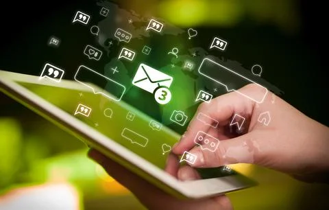 Close-up of a hand using tablet, social media concept 스톡 사진