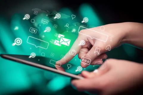 Close-up of a hand using tablet, social media concept 스톡 사진