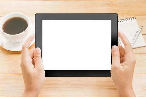 Close up hand using tablet white screen display Stock Photos