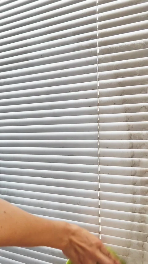 Close-up hand washes dirty blinds Stock Footage 295562614