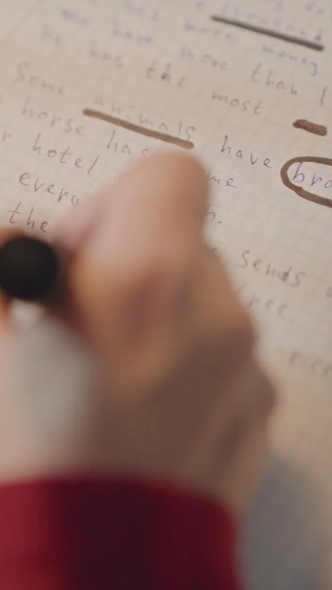 Close up hand wearing red sleeve using brown marker to underline and circle Stock Footage 344408516