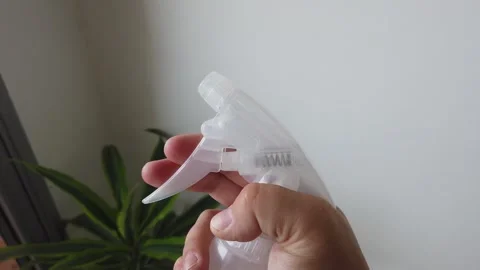 Close-up of a hand without a manicure pressing a spray bottle and spraying water Stock Footage 296237434