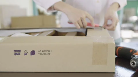 Close-up Hand of woman using a cutter to unpack a box containing a wooden chair. 動画素材 331845399
