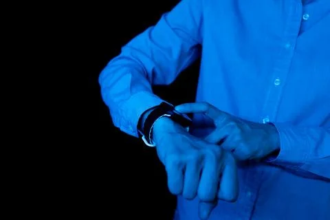 Close-up, Hand of woman using smart watch or wristwatch. Stock Photos