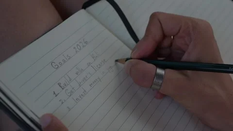 Close-up of a hand writing a 2026 personal goals list with a pencil in... Stock Footage 323129052