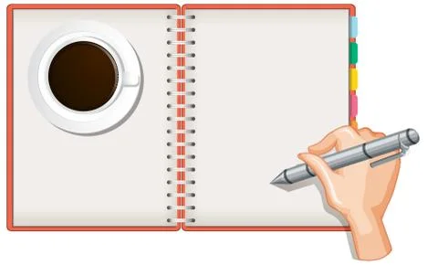 Close up hand writing on blank notebook with coffee cup isolated on white bac Stock Illustration