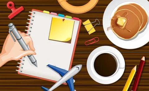 Close up hand writing on notebook with plane model and coffee cup on desk bac Stock Illustration
