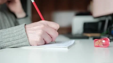 Close up of a hand writing in a notebook with a red pencil Stock Footage 344527890