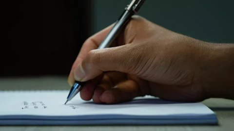 Close-up of hand writing on paper with pen, Close-up of a person writing on.. Stock Footage 346484023