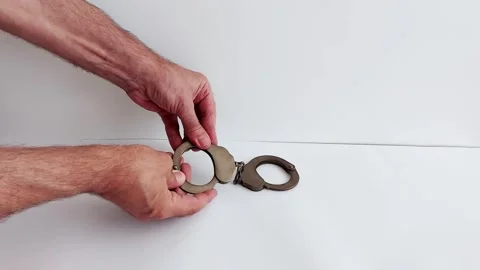 Close-Up Handcuff Demo: Secure Fit Shown in Clean White Space Stock Footage 314365413