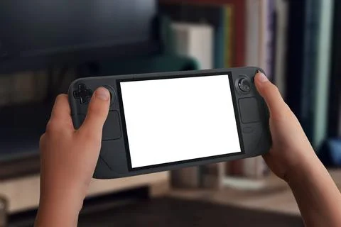 Close-up of a handheld gaming console mockup, hands holding Stock Photos
