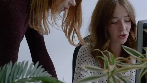 Close-up handheld shot of executive talking with colleague while using computer Video stock 114872895