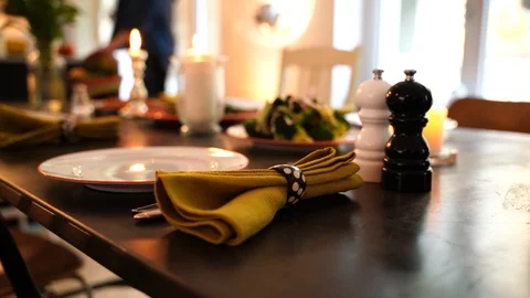 Close-up handheld shot of neatly set dinning table in house Stock Footage 114883452