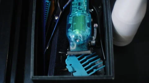 Close-Up Handheld Top View of Professional Cosmetology Rack with Tools Video stock 306283641