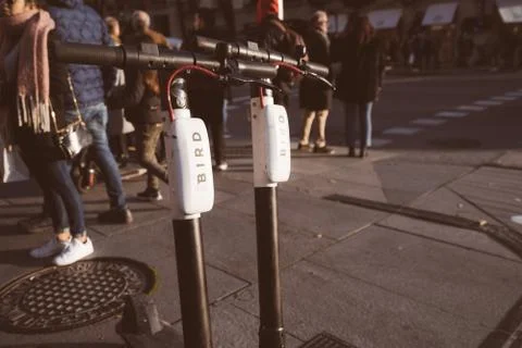Close up of handle bars of a dockless electric BIRD scooter Stock-Fotos