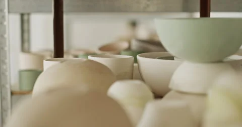 Close-Up of Handmade Ceramic Dishes in Artisan Workshop Stock Footage 275863907