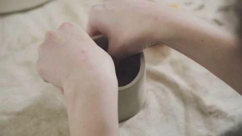 Close up handmade ceramic. Potter makes stein. Pottery ceramics Stock-Footage 73224030