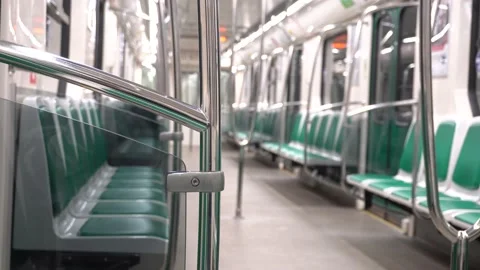 Close-up of a handrail in an empty subway car, blurred background. Stock Footage 135539107