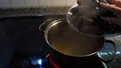 Close-up of hands adding mussels to pan Stock Footage 91148250
