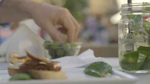 Close up of hands and bruschetta, snacks Stock Footage 169477204