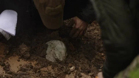 Close up of hands and partially buried head with hood in muddy soil, forest Video stock 327301451