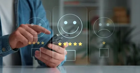 Close-up of hands and smartphone, evaluation of the quality of service,store Stock Footage 274553418