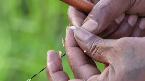 A close-up of hands baiting a fishing hook Stock Footage 314579179