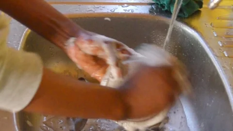 Close up, hands of black afro american woman washing dishes in kitchen Video stock 249878010