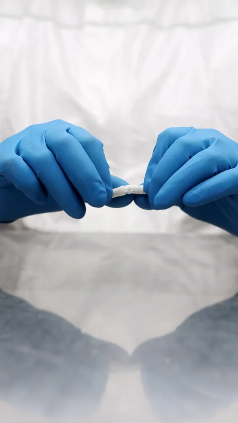 Close-up of hands in blue gloves breaking a cigarette into two parts. Stock Footage 314340179