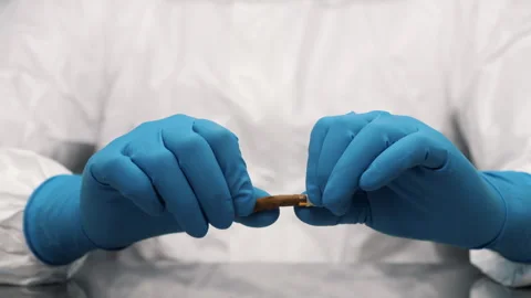 Close-up of hands in blue gloves breaking a cigarette into two parts. Stock Footage 314341020