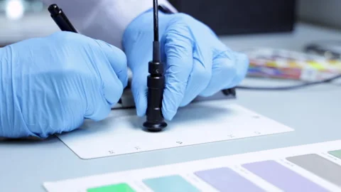 Close up of Hands with blue gloves on a laboratory desk Stock Footage 141758257