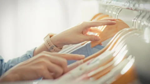 A close-up of hands carefully selecting items from wooden hangers on a metal Stock Footage 346393759